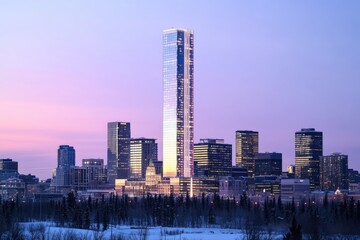 Fototapeta premium A city skyline with tall buildings and skyscrapers at night, perfect for use as a background or atmospheric image