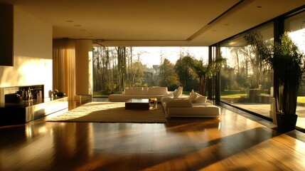 Fototapeta premium A modern home using sustainable bamboo flooring and recycled wall panels.