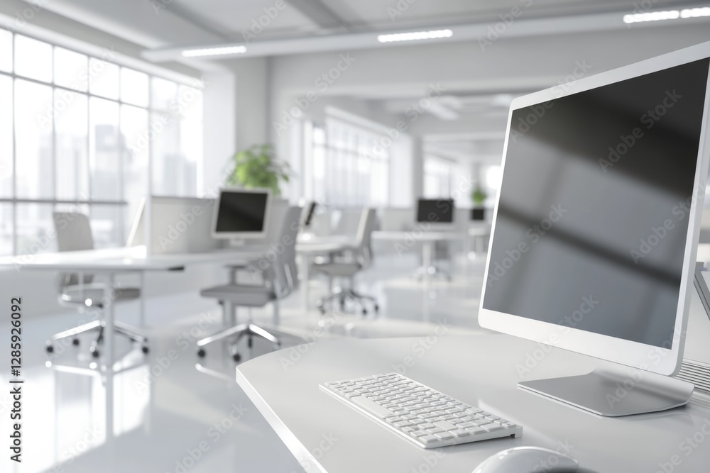Poster a computer monitor sitting on top of a white desk, useful for office and workspace scenes