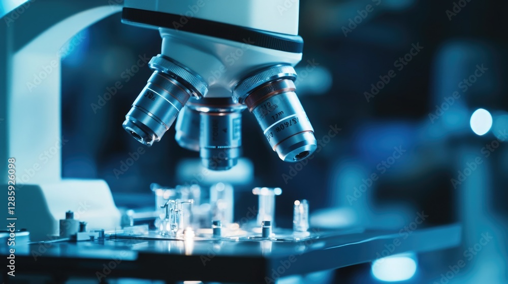 Poster a close-up view of a microscope on a table, ideal for use in science or medical settings