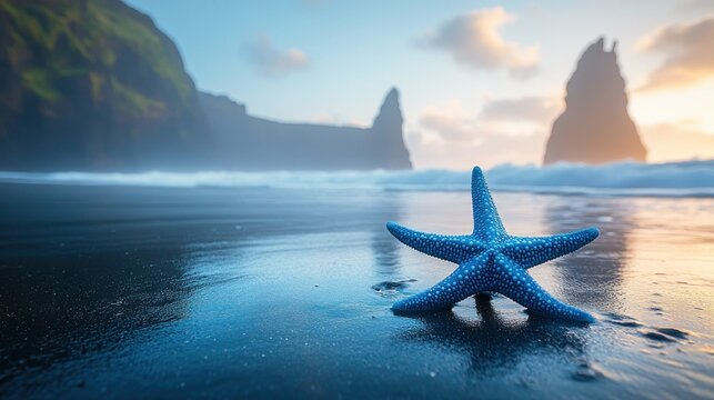 Blue starfish on black sand beach at sunrise, dramatic cliffs