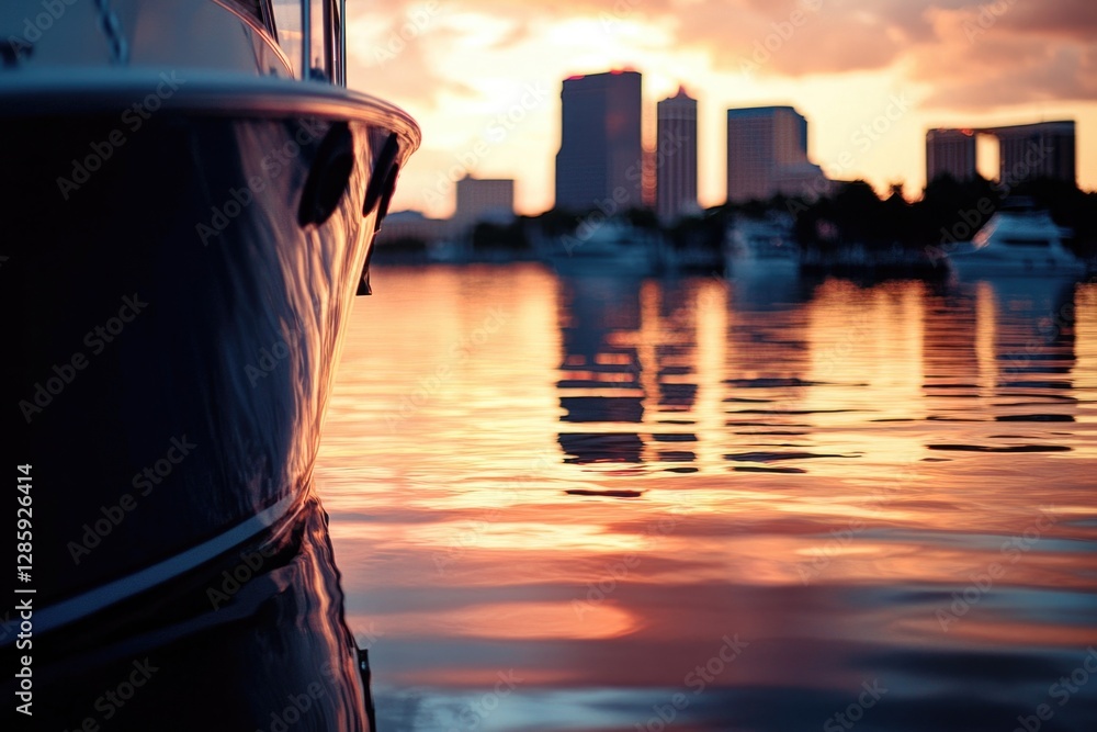 Poster a boat floats on calm waters with a city skyline visible in the background