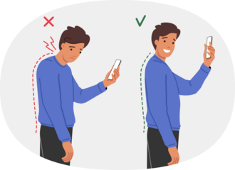 Neck clamp in man with poor posture due to frequent mobile phone use and digital addiction. Problems with posture and spinal curvature in young guy who needs help of chiropractor or massage therapist
