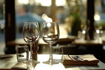 Three empty wine glasses sit on a wooden table, ready for a social gathering or dinner party