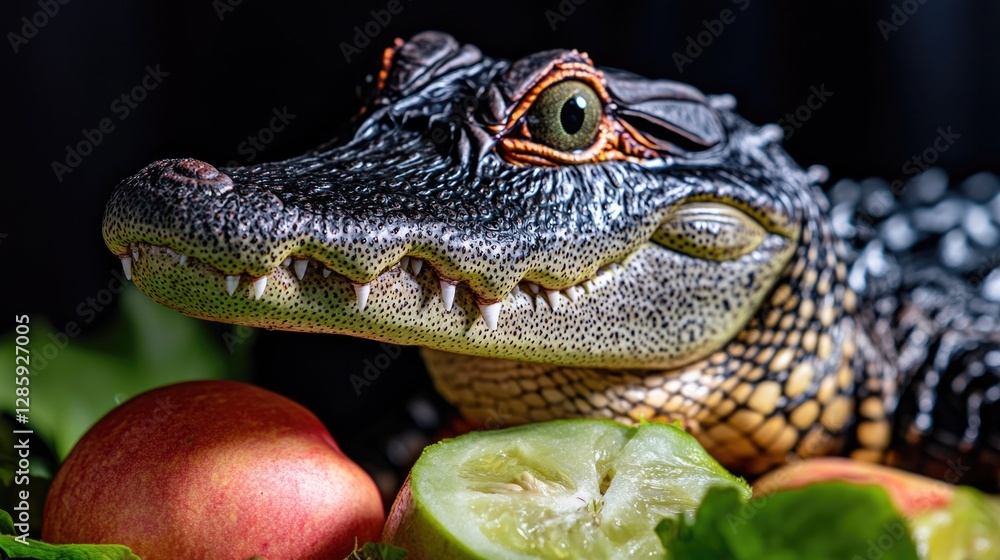 Poster a detailed view of an alligator statue with fruit surrounding it, perfect for use in editorial or co