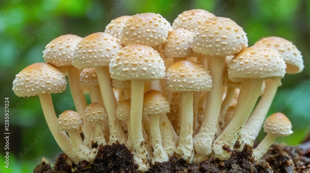 Poster group of mushrooms growing on a decaying tree stump in a forest