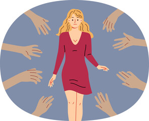 Hands of admirers reach out to woman idol, tired of attention of fans and lack of personal space. Girl idol in red dress feels discomfort due to sudden popularity caused by filming popular tv series.