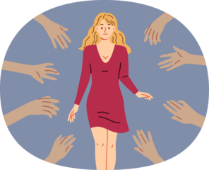 Hands of admirers reach out to woman idol, tired of attention of fans and lack of personal space. Girl idol in red dress feels discomfort due to sudden popularity caused by filming popular tv series.