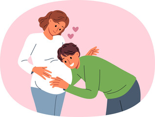 Future dad leans against belly of pregnant woman, listening to movements of baby in womb. Pregnant girl feels love and affection of groom, who is looking forward to birth of child.