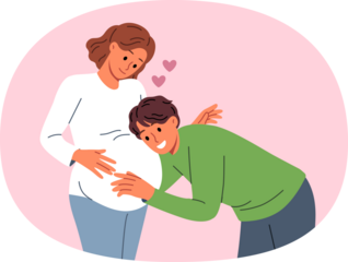 Future dad leans against belly of pregnant woman, listening to movements of baby in womb. Pregnant girl feels love and affection of groom, who is looking forward to birth of child.
