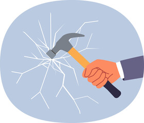 Glass breaks from blow from hammer held by hand of man trying to destroying unnecessary mirror partition. Concept of destroying barrier or vandalism during office robbery through window