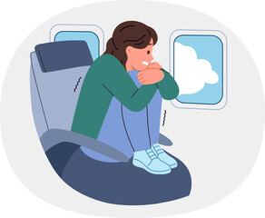 Aerophobia in woman flying in airplane, encountered turbulence, and sitting with legs up in passenger seat of airliner. Problem of aerophobia in girl experiencing panic due to fear of heights