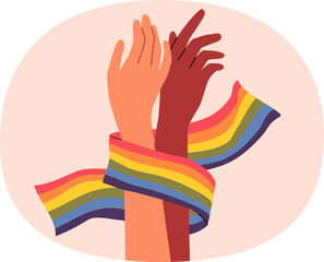 Hands of non-binary couple holding LGBT flag symbolizing love and unity between transgender and gay...