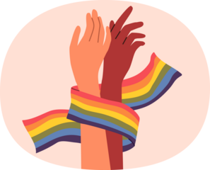 Hands of non-binary couple holding LGBT flag symbolizing love and unity between transgender and gay or lesbian. Pride month concept to promote the idea of tolerance towards LGBT people.