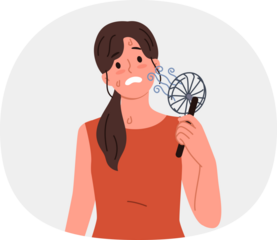 Woman uses electric fan to stop sweating and prevent exhaustion in hot summer weather. Small electric fan inside girl suffering from warming temperatures and lack of air conditioning