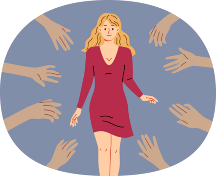 Hands of admirers reach out to woman idol, tired of attention of fans and lack of personal space. Girl idol in red dress feels discomfort due to sudden popularity caused by filming popular tv series.