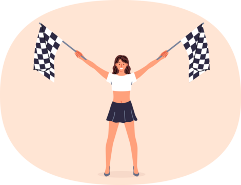 Woman holding racing flags in hands announces start of extreme competition for drivers of sports cars. Checkered flags to alert street racing participants that finish line is approaching