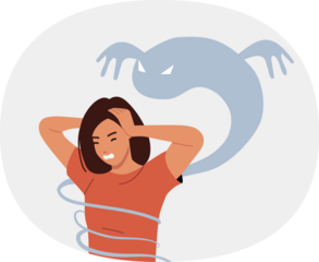 Panic attack in woman due to mental health problems and hallucinations in form of monsters. Girl experiences panic attack and clutches head, needing treatment from psychotherapist or psychologist