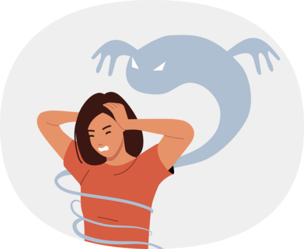 Panic attack in woman due to mental health problems and hallucinations in form of monsters. Girl experiences panic attack and clutches head, needing treatment from psychotherapist or psychologist