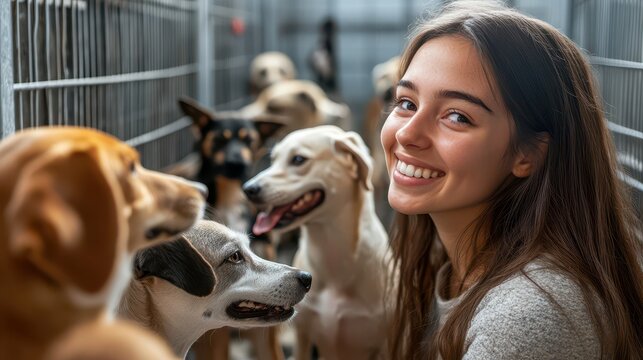 Smiling woman surrounded by happy shelter dogs in a bright kennel, highlighting joy and companionship.