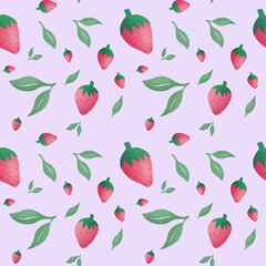 Seamless pattern, digital painting Seamless pattern of strawberries and leaves on a light purple background. Suitable for background decoration, printing, gift wrapping paper.