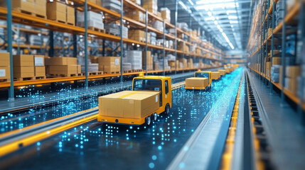 Autonomous vehicles transport packages in high tech warehouse, enhancing efficiency