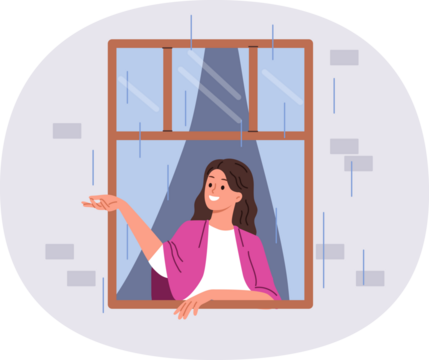 First autumn rain brings joy to woman looking out of apartment window and catching drops with smile. Happy girl enjoying view of street during rain, standing with blanket on shoulders in cozy home