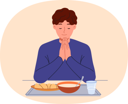 Man prays sitting at table with food, observing christian tradition and expressing gratitude to god. Guy prays with eyes closed and palms folded in front of chest, rejoicing at having money for food