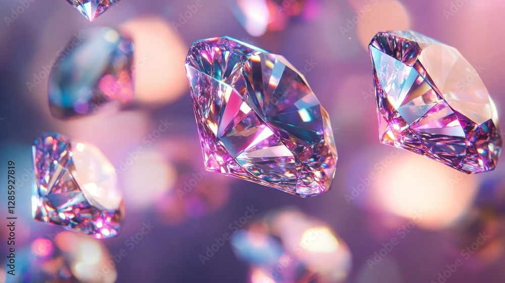 Poster multiple sparkling diamonds floating in a soft purple background
