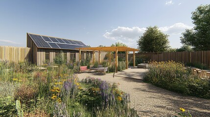 Obraz premium A rooftop garden with solar panels and a seating area made from upcycled materials.