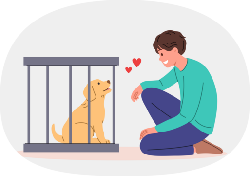 Man wants to adopt dog from shelter and become guardian for pet, standing near smiling puppy in cage. Guy looks at cute dog, feeling love for animal in need of protection and new owner.