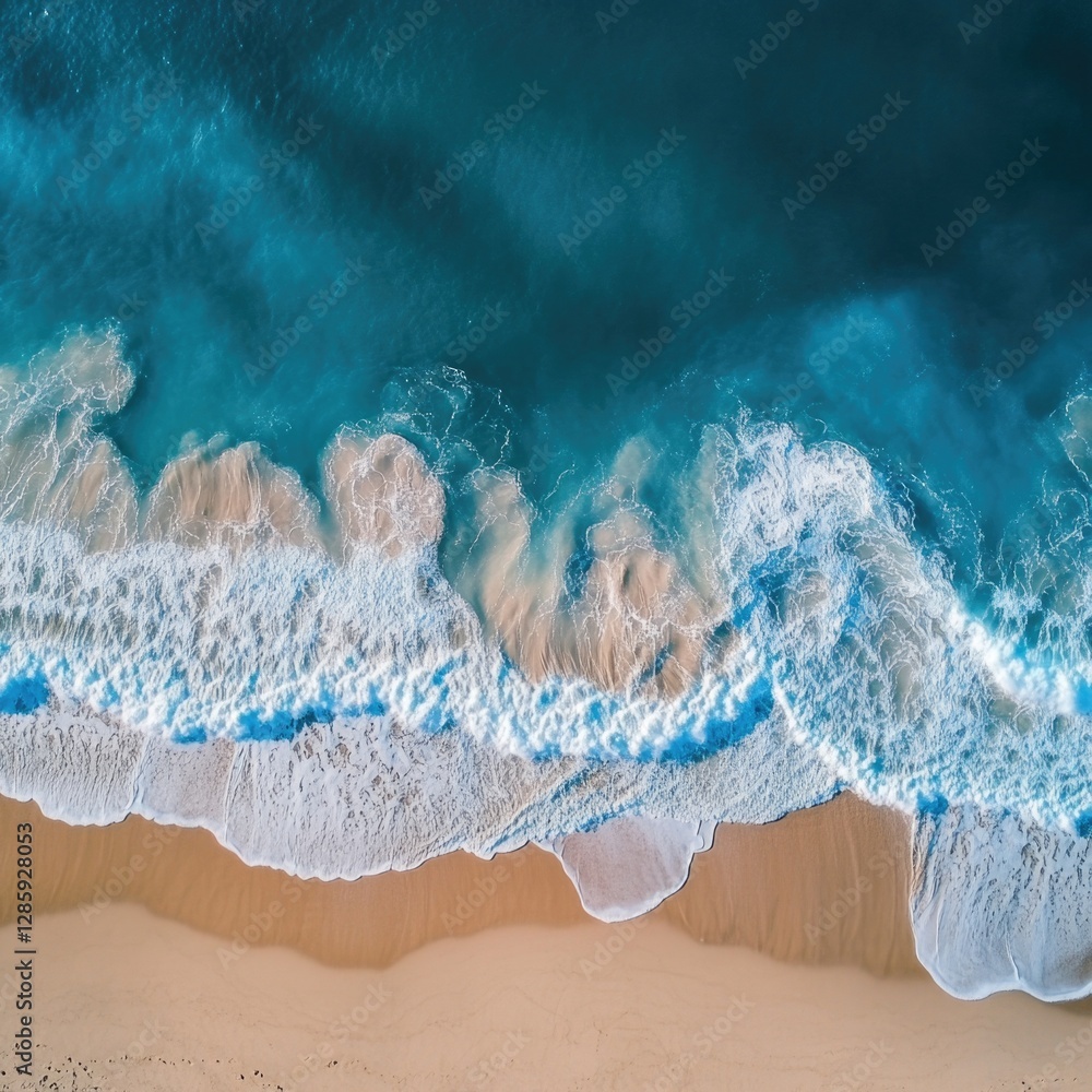 Poster aerial shot of a beach with waves, suitable for use in travel or nature-themed projects