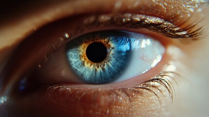 A close-up shot of a person's blue eye with a natural lighting