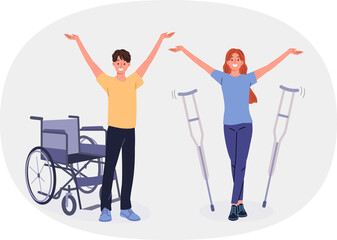 Fototapeta premium People with disabilities celebrate end of rehabilitation and recovery, stand near crutches and wheelchair. Man and woman with disabilities healed after receiving massage therapy or new medications