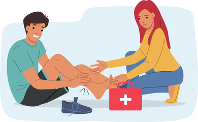 Woman refuses first aid to man with leg injury after accident during sports training. First aid suitcase near girl helping person in steam room who feels pain due to broken bone or dislocation