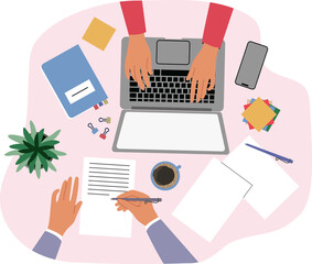 Hands of business people working in office at one table, typing on laptop and signing documents. Top view of workplace of freelancers doing business and providing accounting or legal services