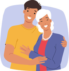 Happy son hugs smiling elderly mother, demonstrating unity of generations and caring for family. Elderly lady with adult grandson, for concept of good relationship between loved ones