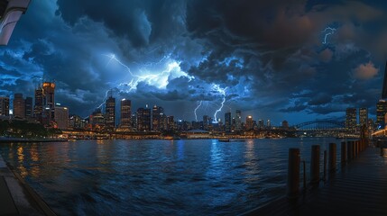 Low angle view of heavy Lighting strike in sky at night city life and electrifying might of lightning as urban skyline, 32k Resolution
