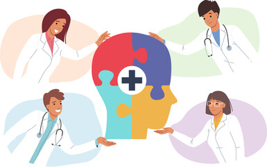 Group of neuroscientists is working on studying brain and improving memory or developing intelligence. Doctor neuroscientists in white coats stand near head made of puzzle fragments