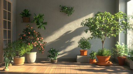 Fototapeta premium A small corner in a city apartment designed as a relaxing green space with potted plants.
