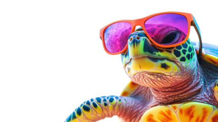 Colorful turtle wearing stylish sunglasses poses cheerfully against a white background