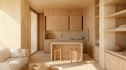 A small studio apartment using natural materials like wood and linen for a cozy feel.