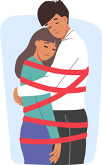 Toxic relationship between man and woman tied with rope and feeling restricted or depressed....