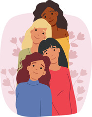 Multinational women stand together among spring flowers and congratulate you on international women day. Group of girls from feminist community advocating for equality and non-discrimination