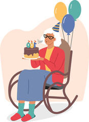 Elderly woman celebrates centenary and blows out candles on birthday cake, sits in rocking chair with balloons. Centenary for residents of nursing home or hospice for people without relatives