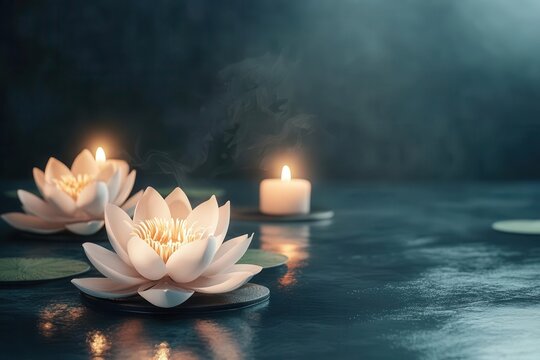 Fototapeta minimalist spa composition with floating lotus flowers glowing candles creating dramatic shadows dark moody atmosphere zeninspired serenity