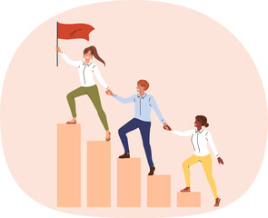 Teamwork company employees climbing up on schedule to hoist flag to top and achieve superiority over competitors. Woman leader organizes teamwork with colleagues to get outstanding results in business