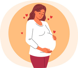 Pregnant woman strokes belly, eagerly awaiting birth of long-awaited child from beloved man. Pregnant young girl feels affection for still neglected baby thanks to maternal instinct and hormones
