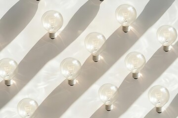 minimalist still life of glowing light bulbs arranged geometrically on seamless white background dramatic shadows