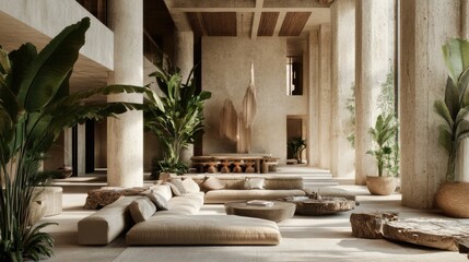 A spacious living area with indoor plants and natural materials like stone and bamboo.